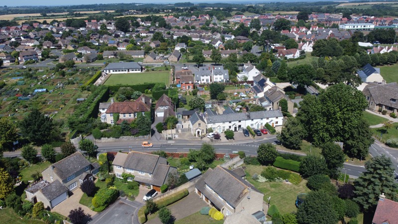 Aerial photo of Pump Cottages. Photo by Neil B. Maw