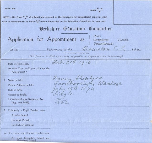 Application of Fanny Sheppherd in 1916