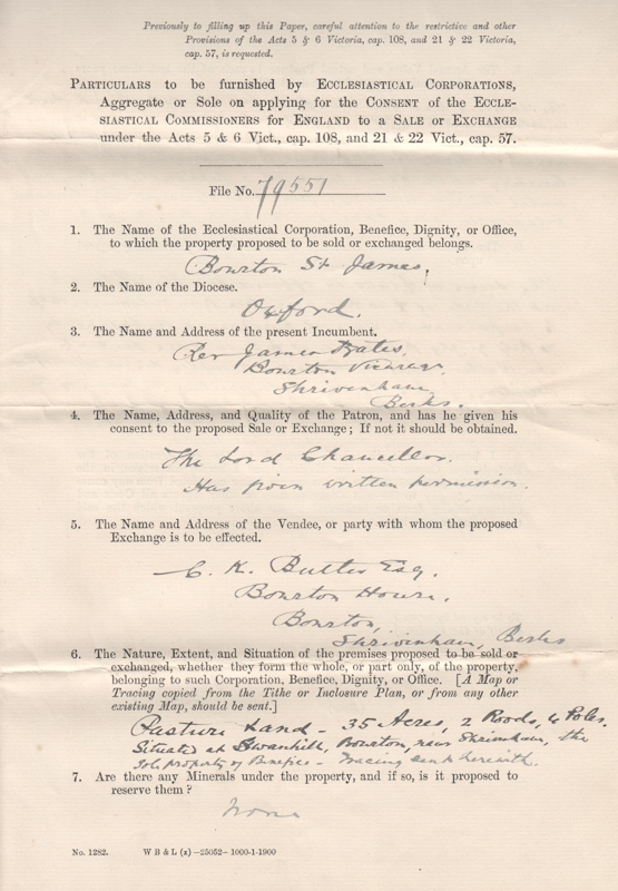 The form completed by the Vicar of Bourton