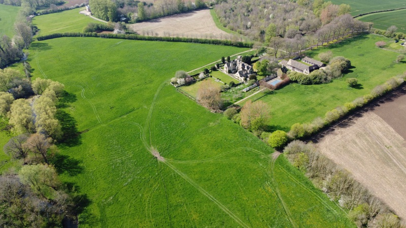 An aerial view of the site of the mill left and the farm right - (now Freden House). Photo by Neil B. Maw